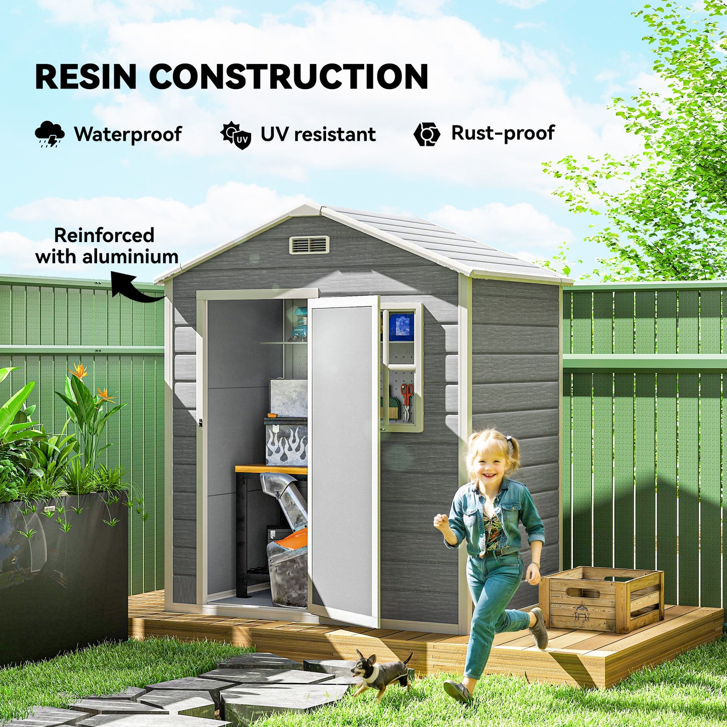 6 x 4ft Plastic Shed with Floor, Wood Effect Resin Garden Shed with Window, Lockable Door, Lock and Keys, Vents