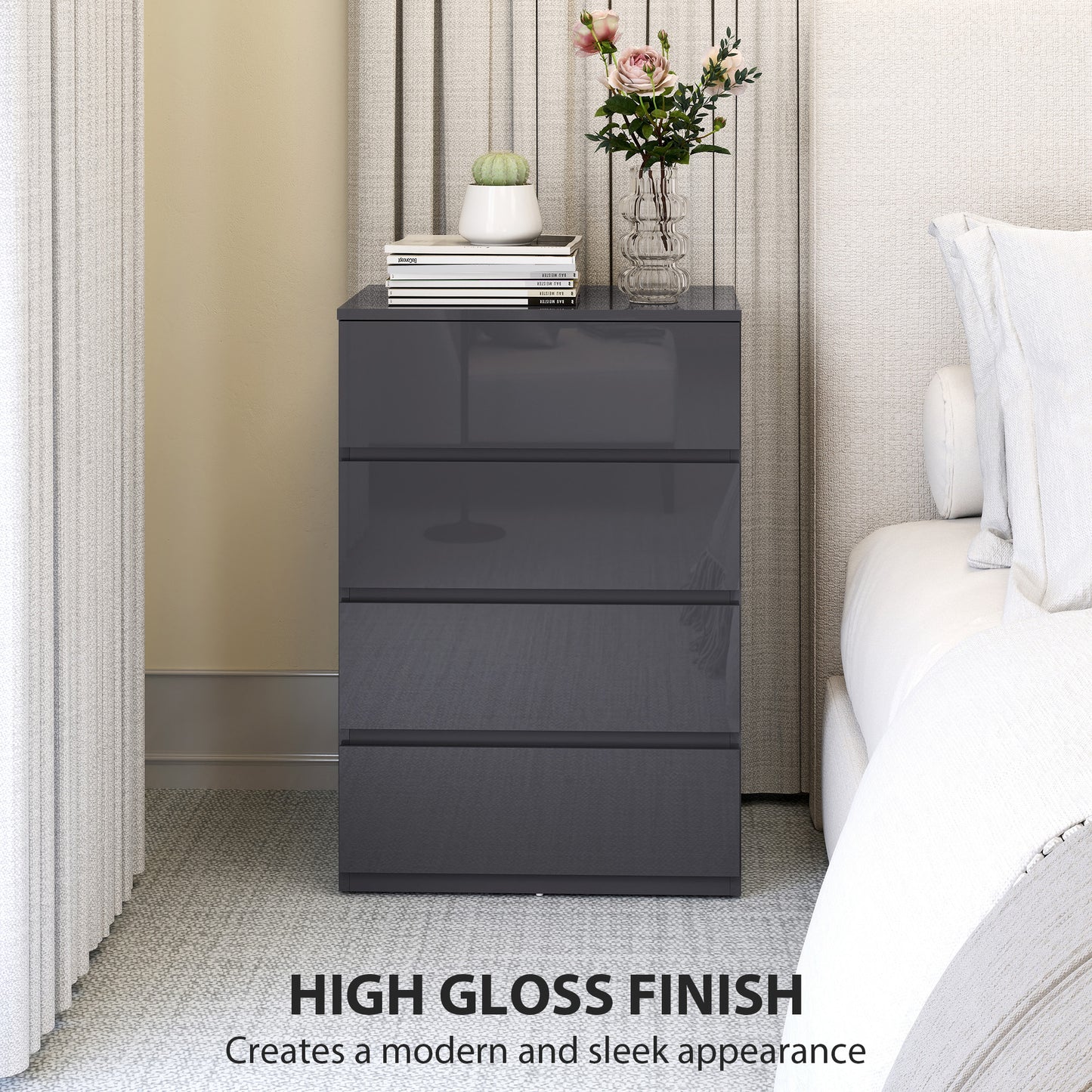 High Gloss Chest of Drawers, 4-Drawer Storage Cabinets, Modern Dresser for Bedroom, Grey