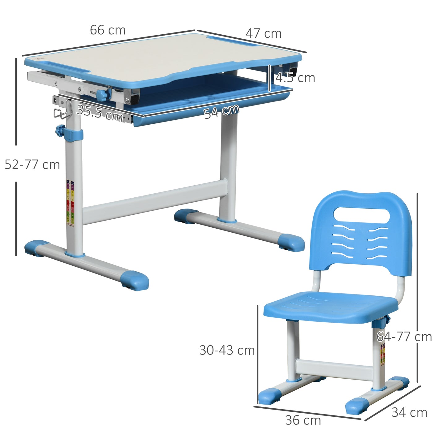 Kids Desk and Chair Set, Height Adjustable Student Writing Desk, Children School Study Table with Tiltable Desktop, Drawer
