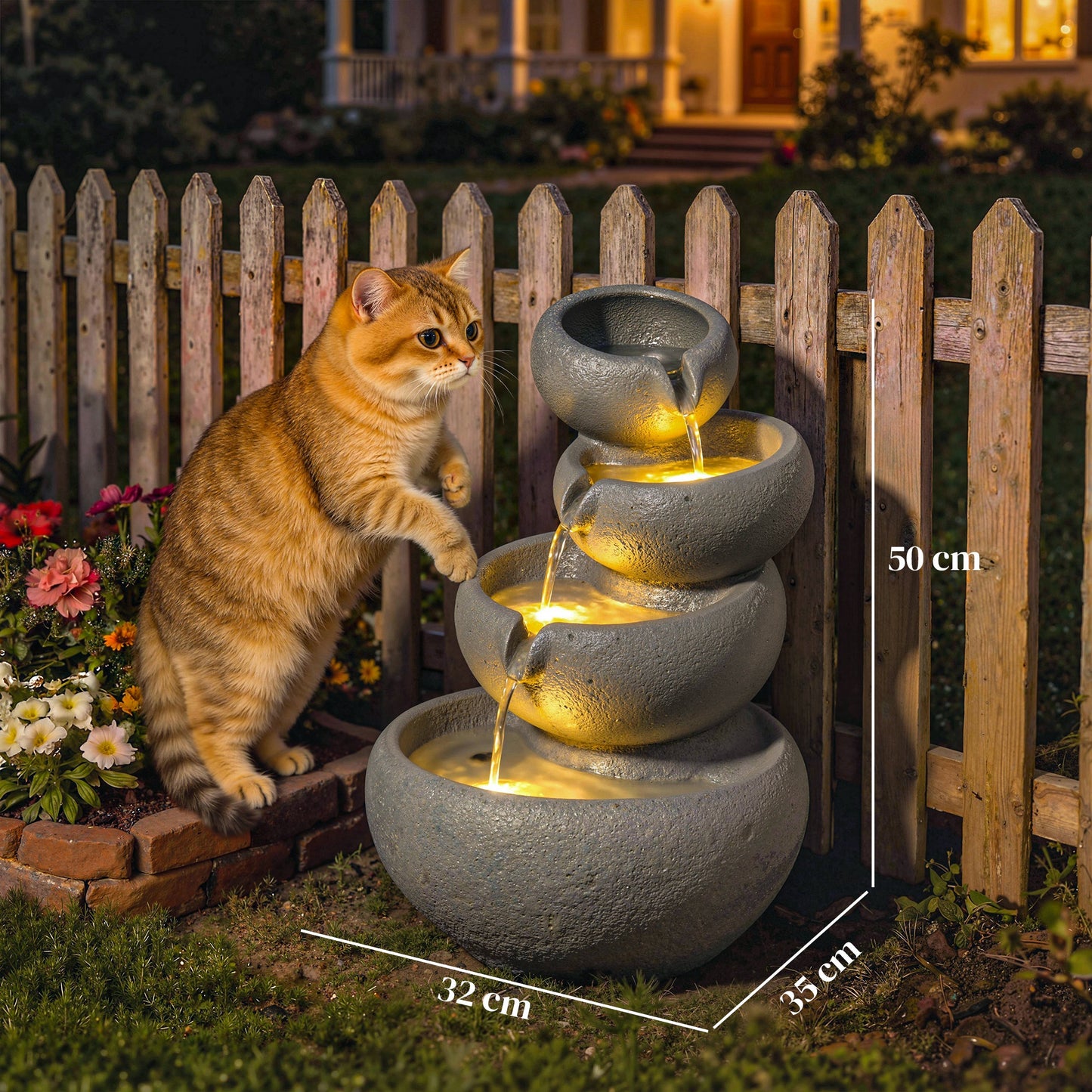 4-Tier Water Fountain Outdoor, Garden Water Feature with LED Lights and Pump, Freestanding Resin Waterfall for Patio