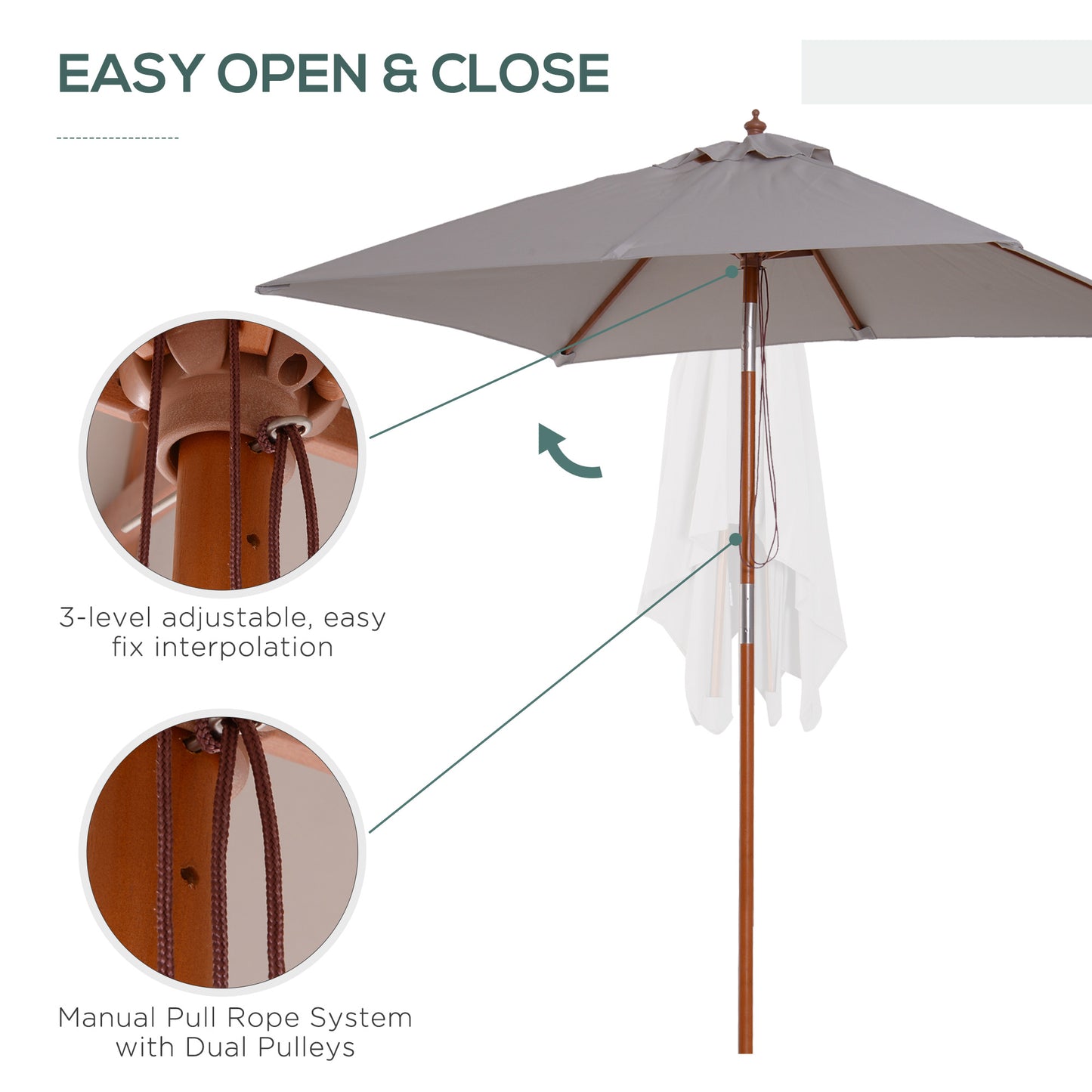 2m Tilting Wooden Pole Parasol - Grey