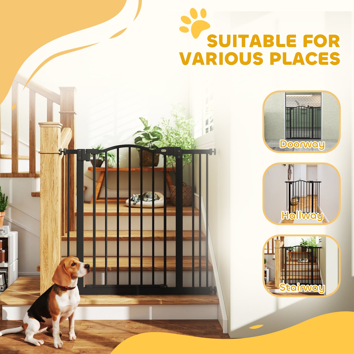 Metal 74-87cm Adjustable Pet Gate Safety Barrier w/ Auto-Close Door Black