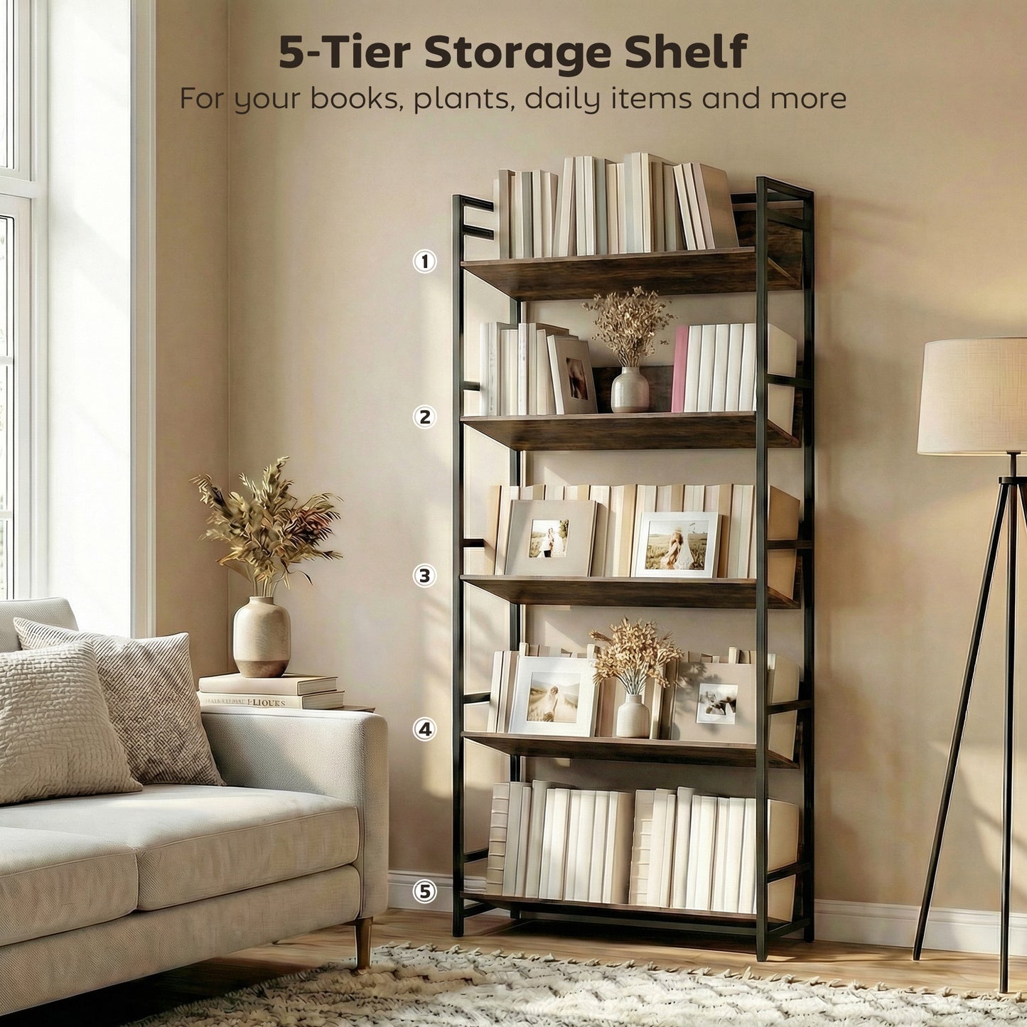 Bookshelf 5-Tier Metal Frame Room Divider Bookcase Storage Shelves for Living Room Rustic Brown