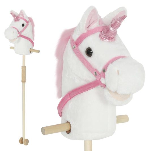 Unicorn Stick Horse with Wood Wheels, Real Pony Neighing and Galloping Sounds, Grip Handle, 95 cm, White