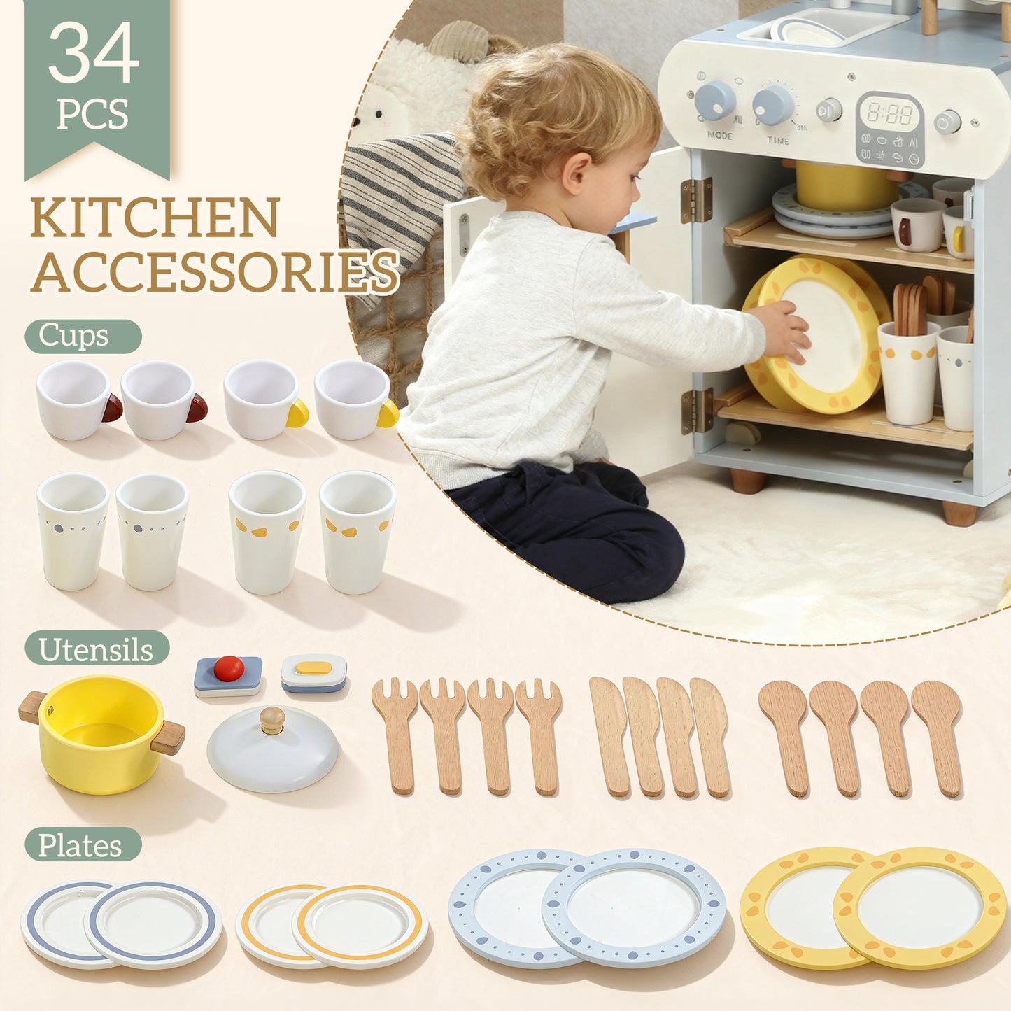 Wooden Dishwasher Playset, Kitchen Sink Toys with Faucet, Sink and Accessories, Gift for Boys Girls Toddlers