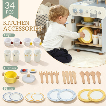 Wooden Dishwasher Playset, Kitchen Sink Toys with Faucet, Sink and Accessories, Gift for Boys Girls Toddlers