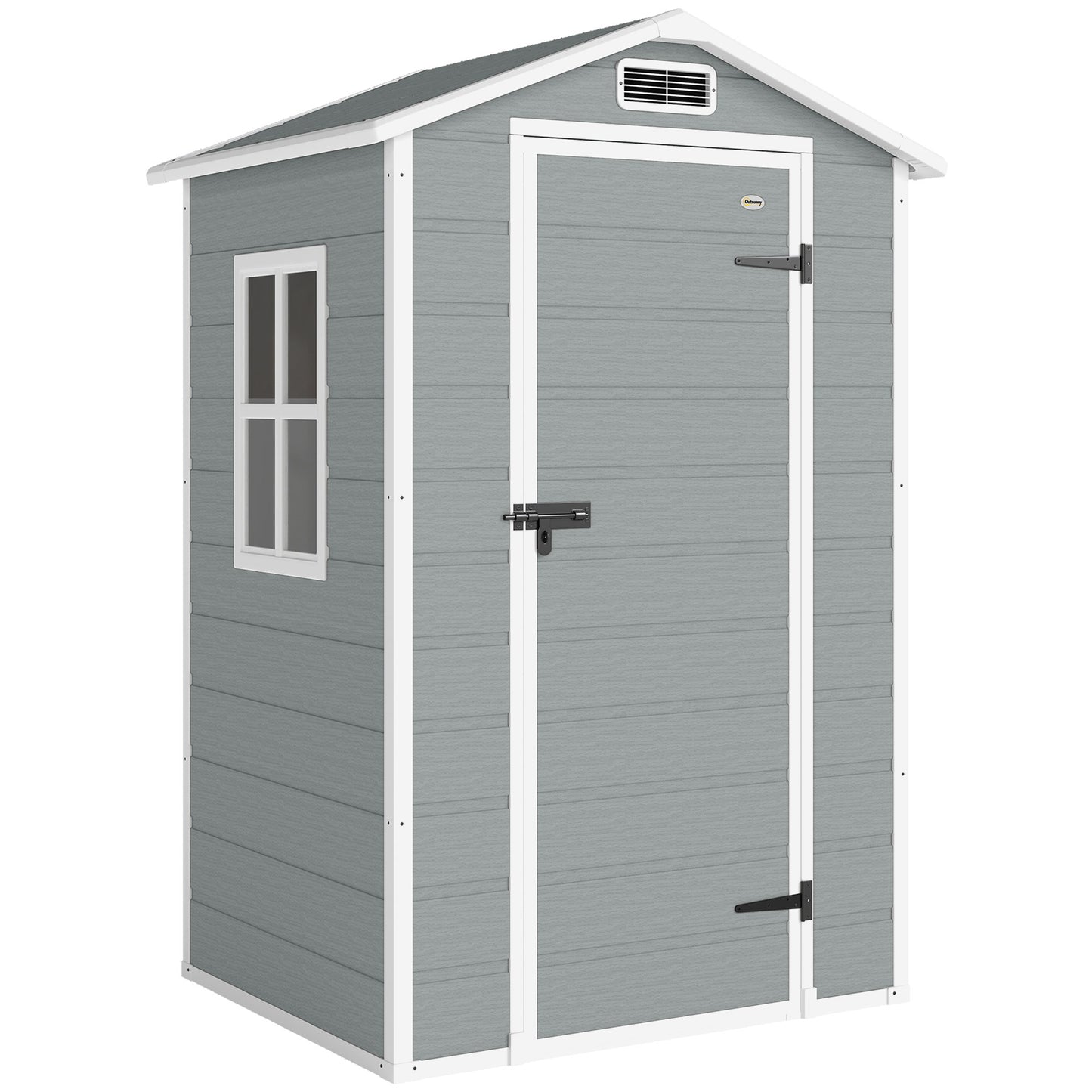 4 x 3 ft Plastic Garden Shed with Floor, Outdoor Storage Shed with Lockable Door, Window and Vent, Light Grey