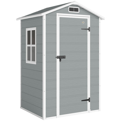 4 x 3 ft Plastic Garden Shed with Floor, Outdoor Storage Shed with Lockable Door, Window and Vent, Light Grey