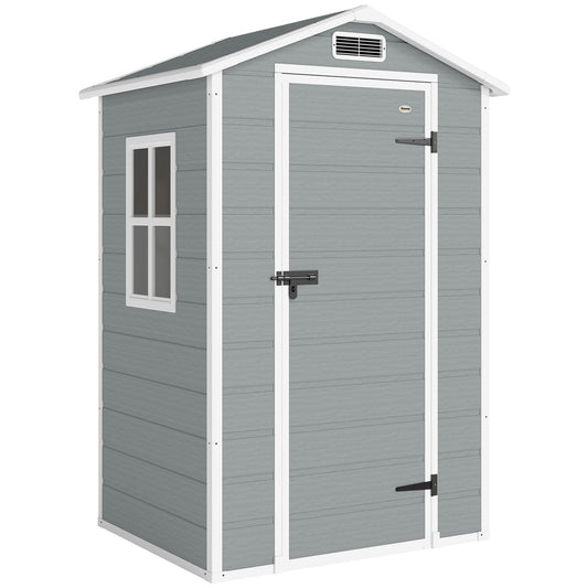 4 x 3 ft Plastic Garden Shed with Floor, Outdoor Storage Shed with Lockable Door, Window and Vent, Light Grey