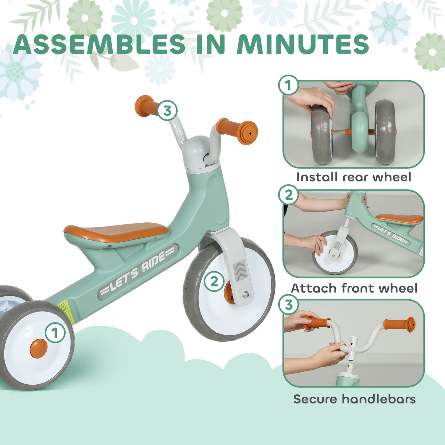 Toddler Balance Bike with No Pedal, 3 Silence Wheels for 12-36 Months Boys and Girls, Indoor Outdoor, Green