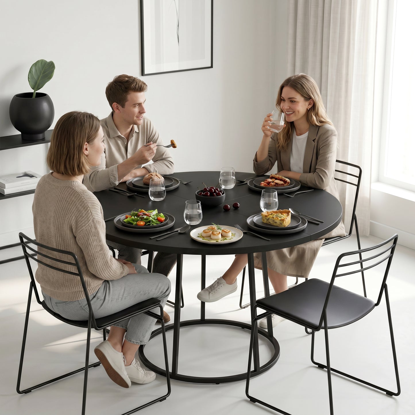 Dining Table Space Saving Kitchen Table Spliced Tabletop Conical Metal Base 120 cm Round Black