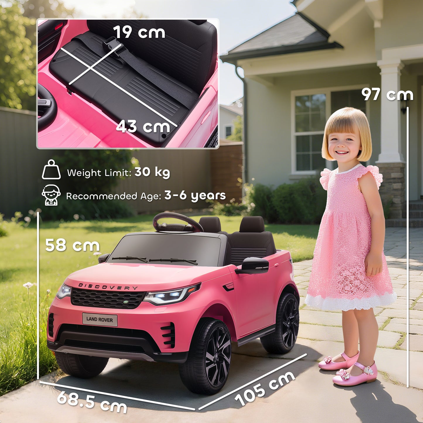 Land Rover Discovery Licensed 12V Kids Electric Car with Remote, 4 Wheel Suspension, Slow Start, Lights, Music, Pink