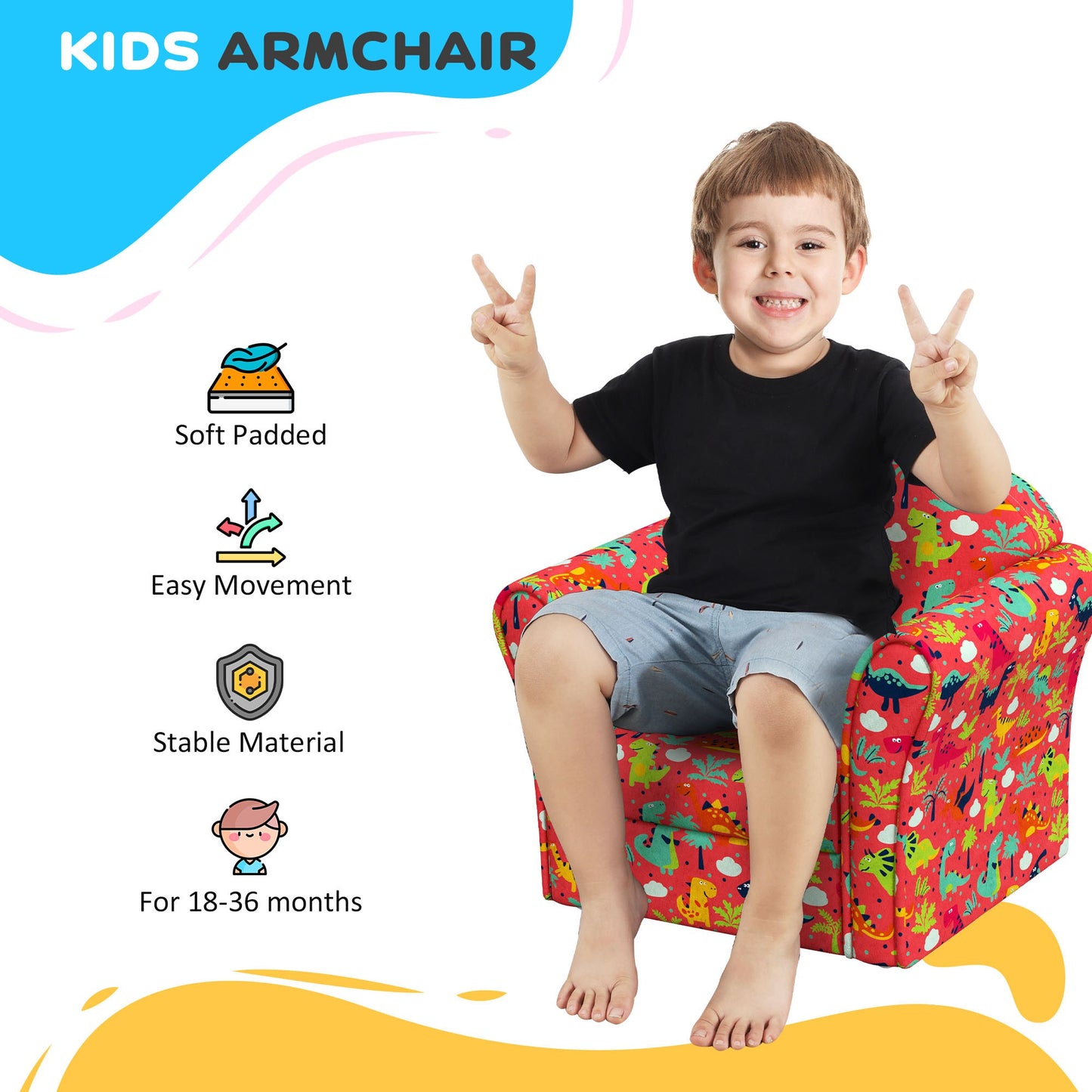 Kids Armchair with Dinosaur Design, Wooden Frame, for Bedroom, Playroom, Kids Room - Red