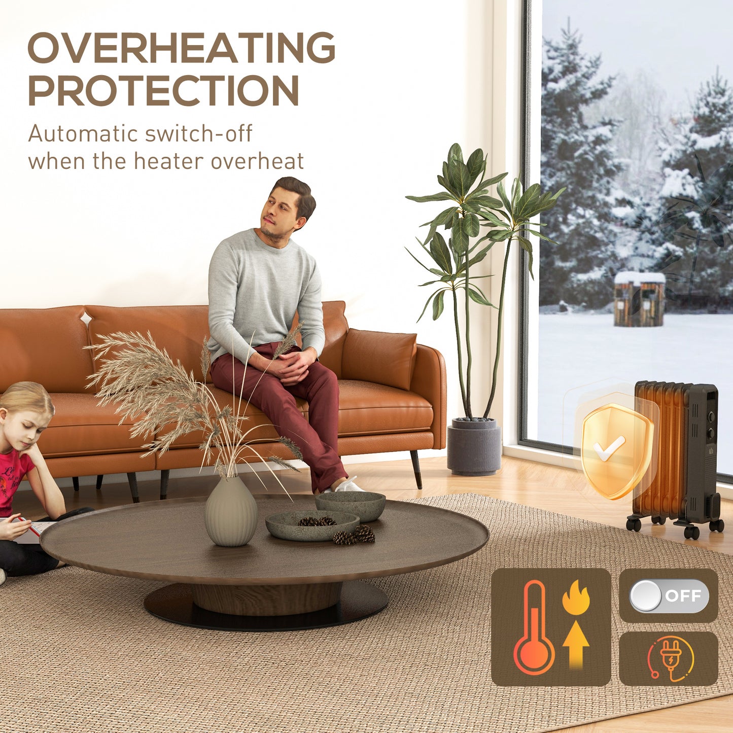 1500W Oil Filled Radiator, Portable Electric Heater with 3 Heat Settings, Safety Cut-Off and Wheels, Grey