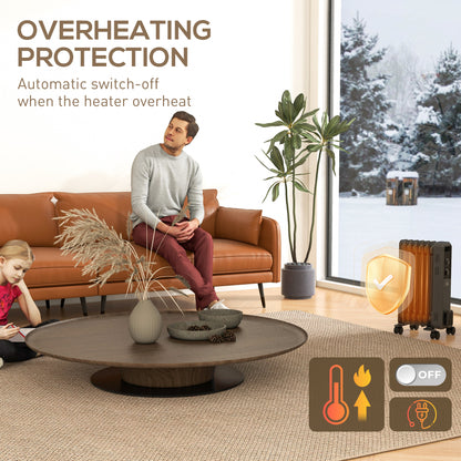 1500W Oil Filled Radiator, Portable Electric Heater with 3 Heat Settings, Safety Cut-Off and Wheels, Grey
