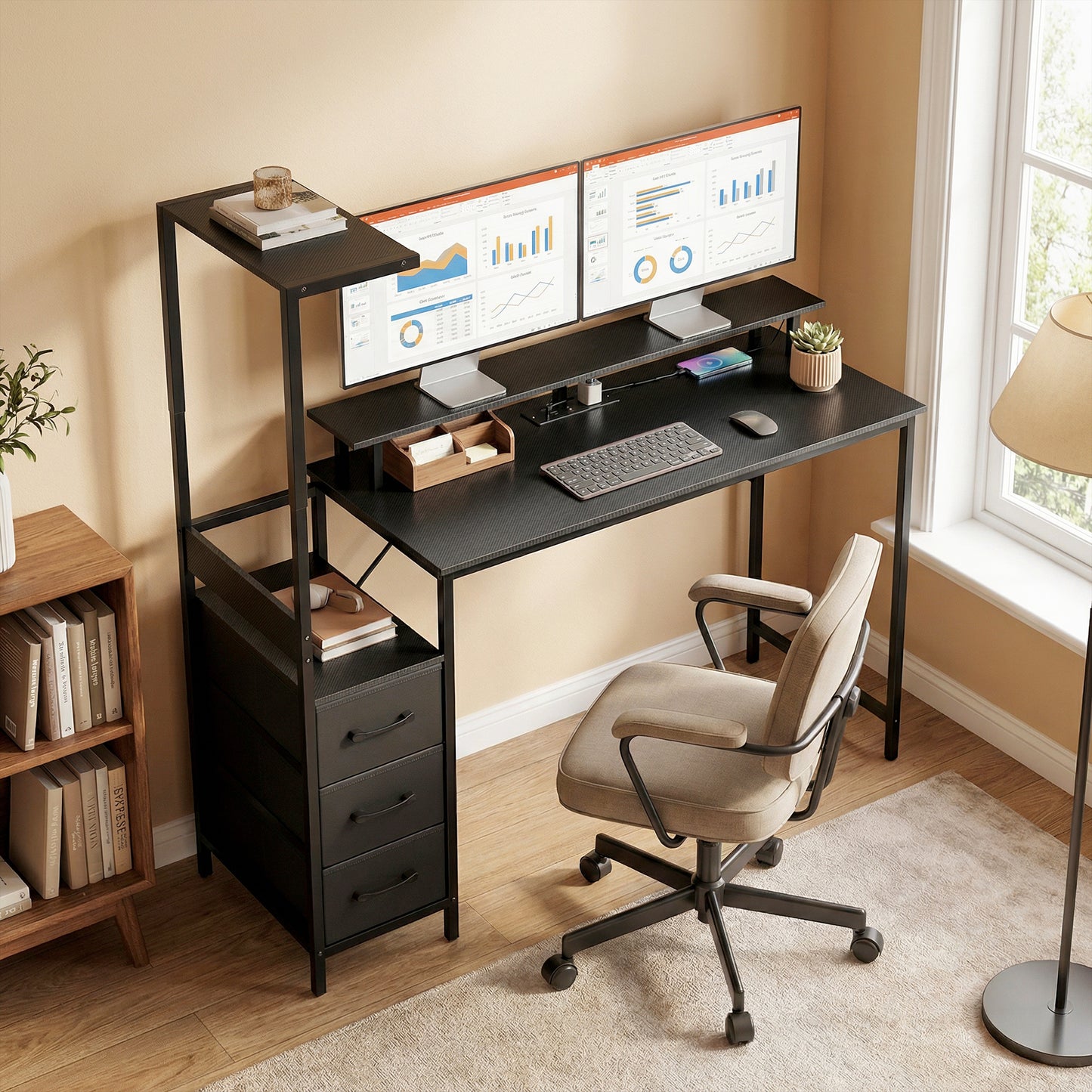 147cm Gaming Desk with Charging Station and Monitor Stand, Computer Table for Home Office with RGB Lights, Black