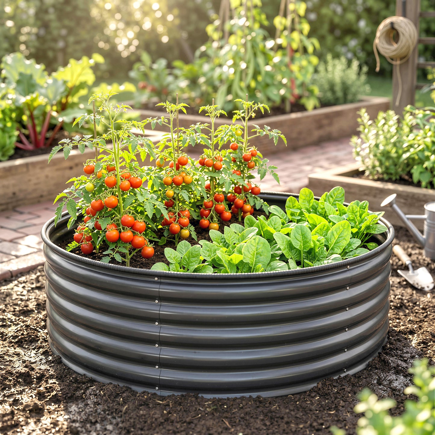 Galvanised Raised Garden Bed with Safety Edging, Outdoor Raised Planter Box with Gloves, 120 x 120 x 43cm, Dark Grey