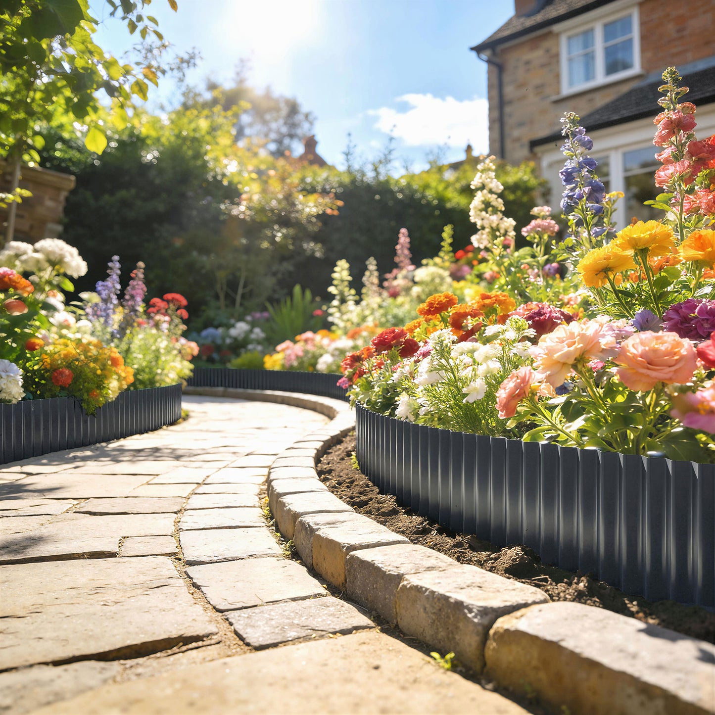 Metal Garden Edging Border, 8 in x 21.3 ft Corrugated Heavy Duty Galvanised Steel Lawn Edging, Dark Grey