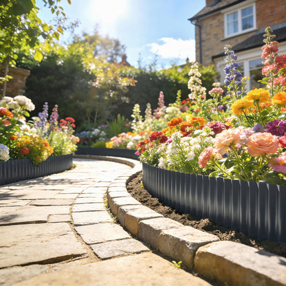 Metal Garden Edging Border, 8 in x 21.3 ft Corrugated Heavy Duty Galvanised Steel Lawn Edging, Dark Grey