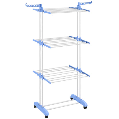 Foldable Clothes Drying Rack, 4-Tier Steel Garment Laundry Rack with Castors for Indoor and Outdoor Use, Blue