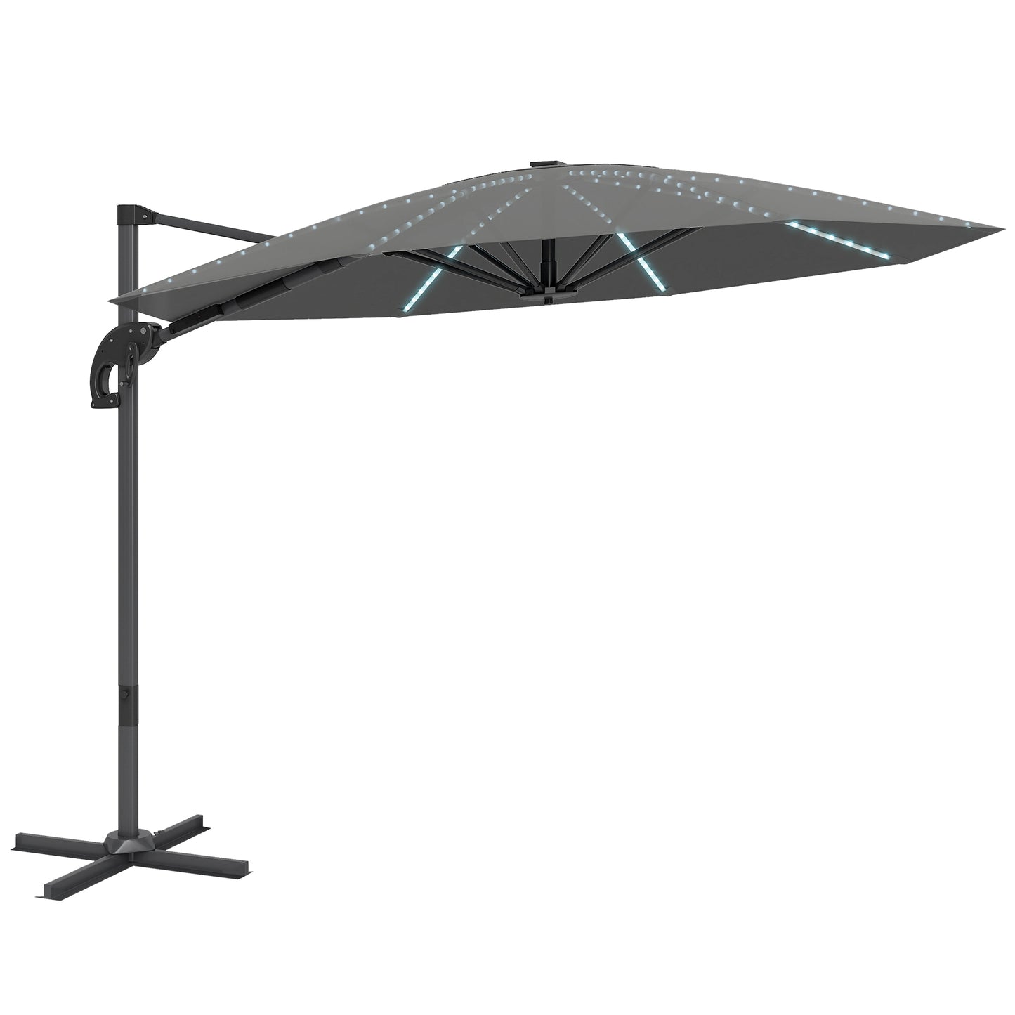 3(m) Cantilever Garden Parasol with Solar Powered Lights, Crank Handle & Cross Base, UPF 50+, 360° Rotation, Dark Grey