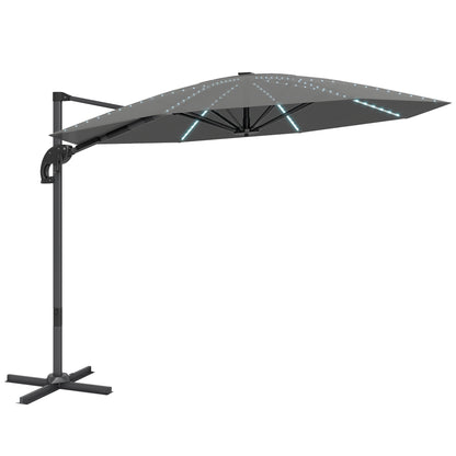 3(m) Cantilever Garden Parasol with Solar Powered Lights, Crank Handle & Cross Base, UPF 50+, 360° Rotation, Dark Grey