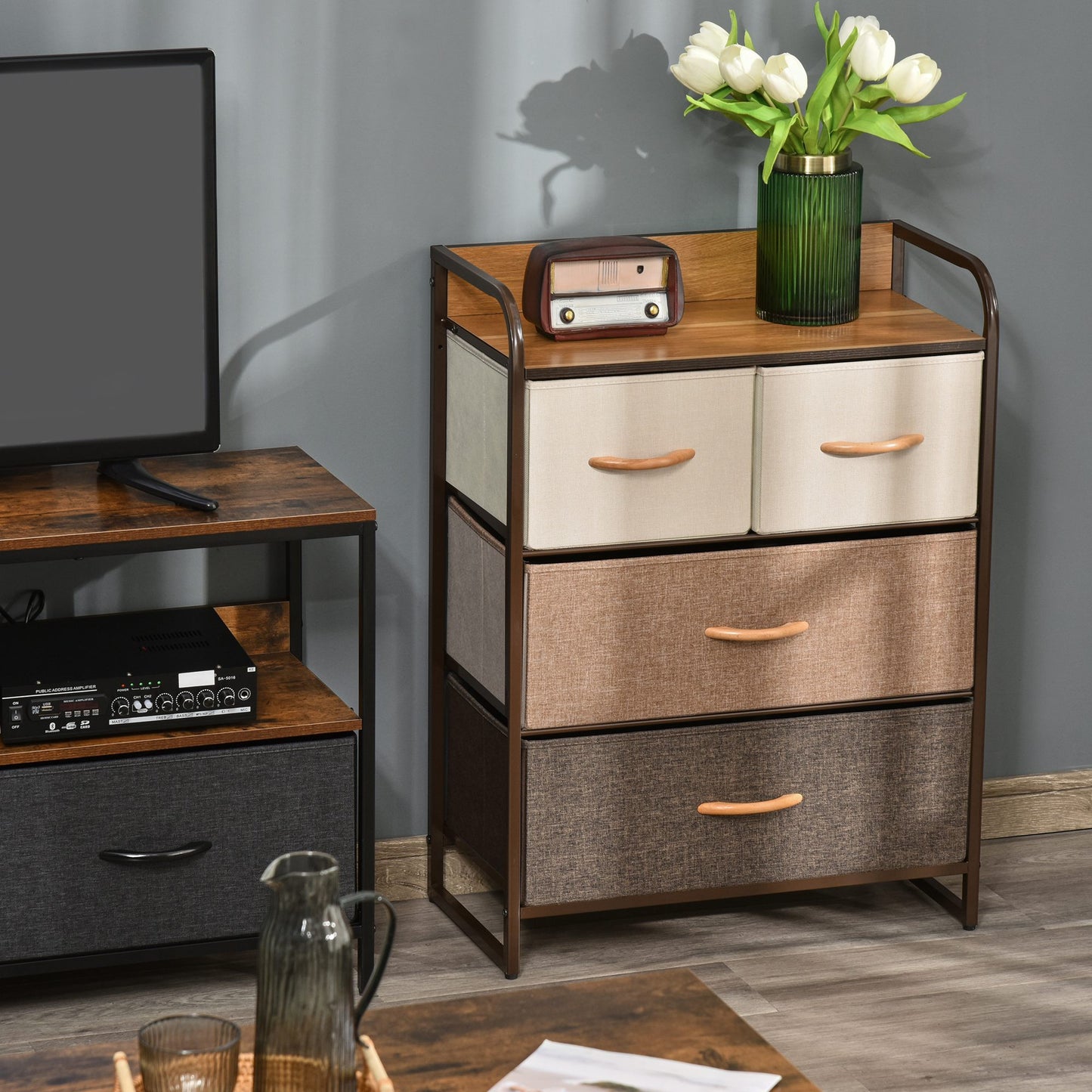 4-Drawer Dresser, 3-Tier Storage Organizer, Tower Unit for Bedroom Hallway Closets with Steel Frame Wooden Top