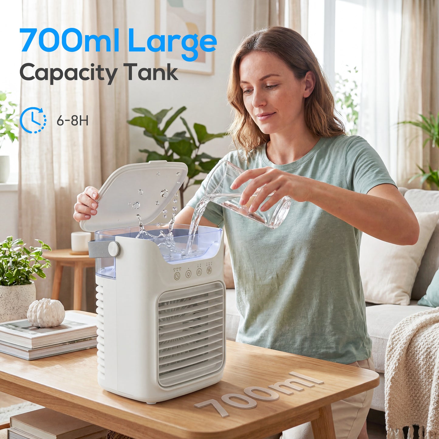 Air Cooler with Adjustable Head, Portable Air Conditioner with 3 Wind Speed, 2 Cool Mist, RGB Light, Grey