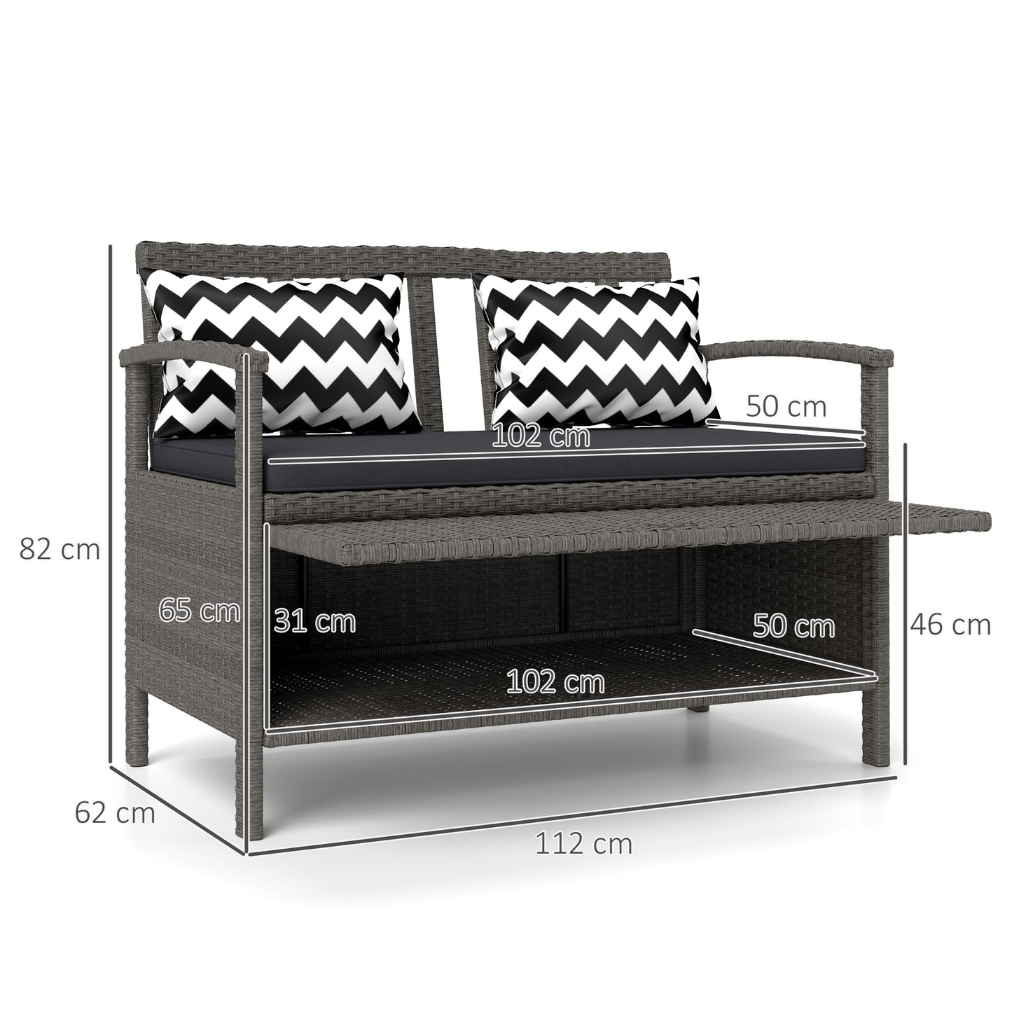160L Storage Two-Seater Rattan Bench - Grey
