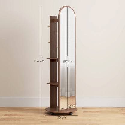 2-in-1 Full Length Mirror with Storage Shelves, Floor Mirror with 4 Wheels, Coat Rack, Hooks, Brown Wood Effect