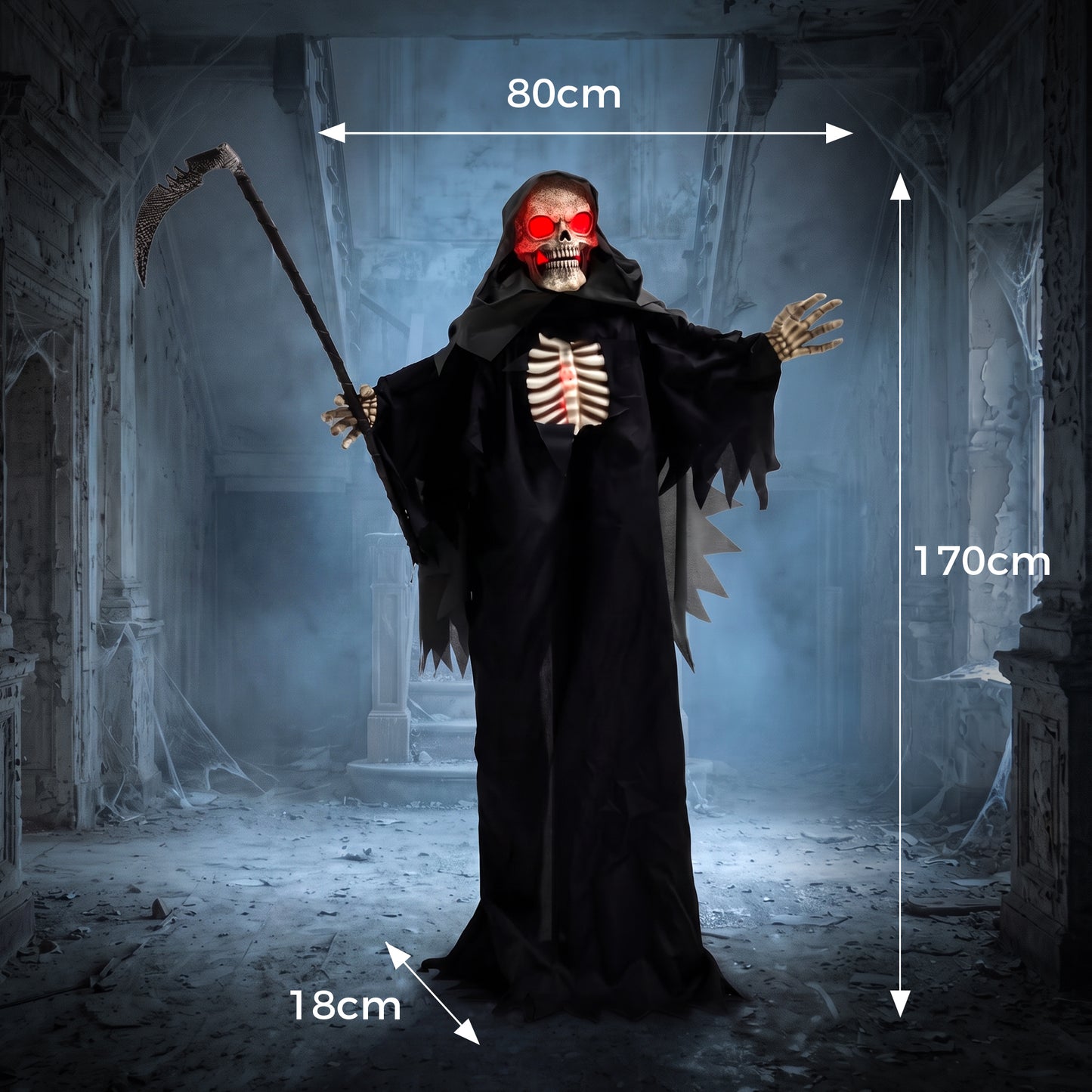170cm Life Size Animated Grim Reaper Halloween Decoration, Scary Halloween Animatronics Decor with Sound Touch Activated