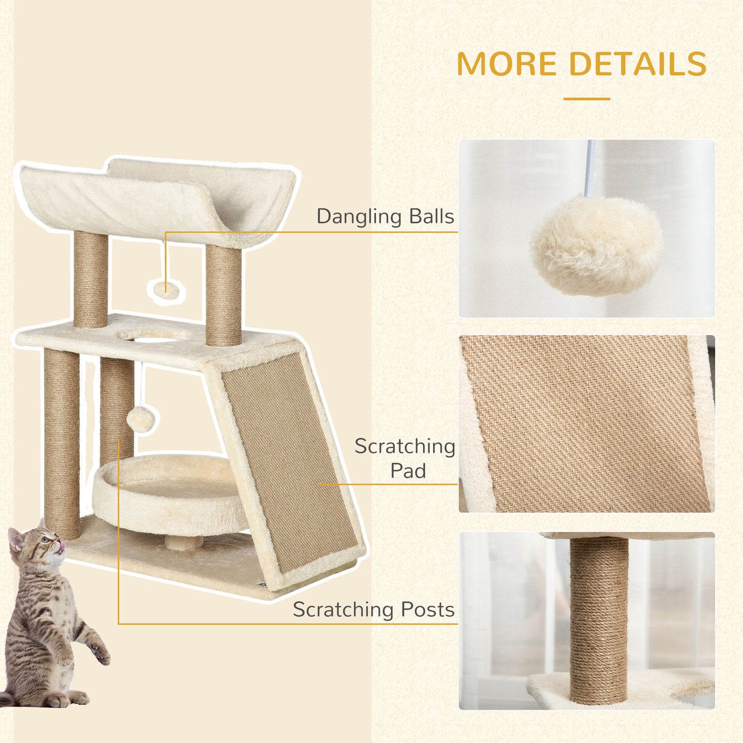Cat Tree Tower, with Scratching Posts, Pad, Bed, Perch, Toy Ball - Light Brown