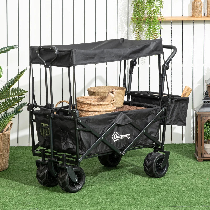 Folding Trolley Cart - Storage Wagon with Canopy & Handle - Black