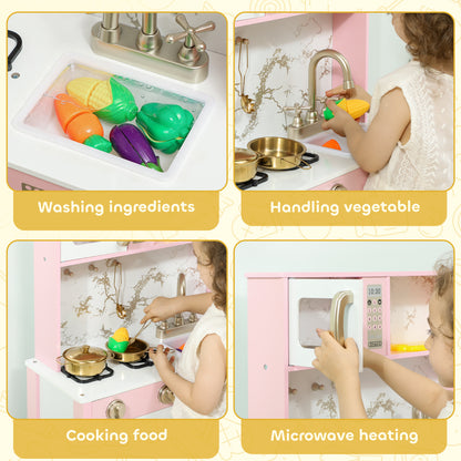 Kitchen Playset with Pretend Play Cooking Accessories, Play Kitchen with Oven, Microwave and Sink, Pink