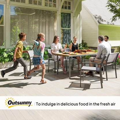 Garden Table for 6, 150 cm Rectangular Outdoor Dining Table with 5 cm Umbrella Hole, Wood Effect Top, Rust Resistant Frame