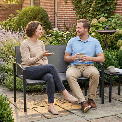 Metal Garden Bench, 2 Seater Outdoor Furniture Seating with Breathable Texteline Fabric, Park Patio Seat, Grey