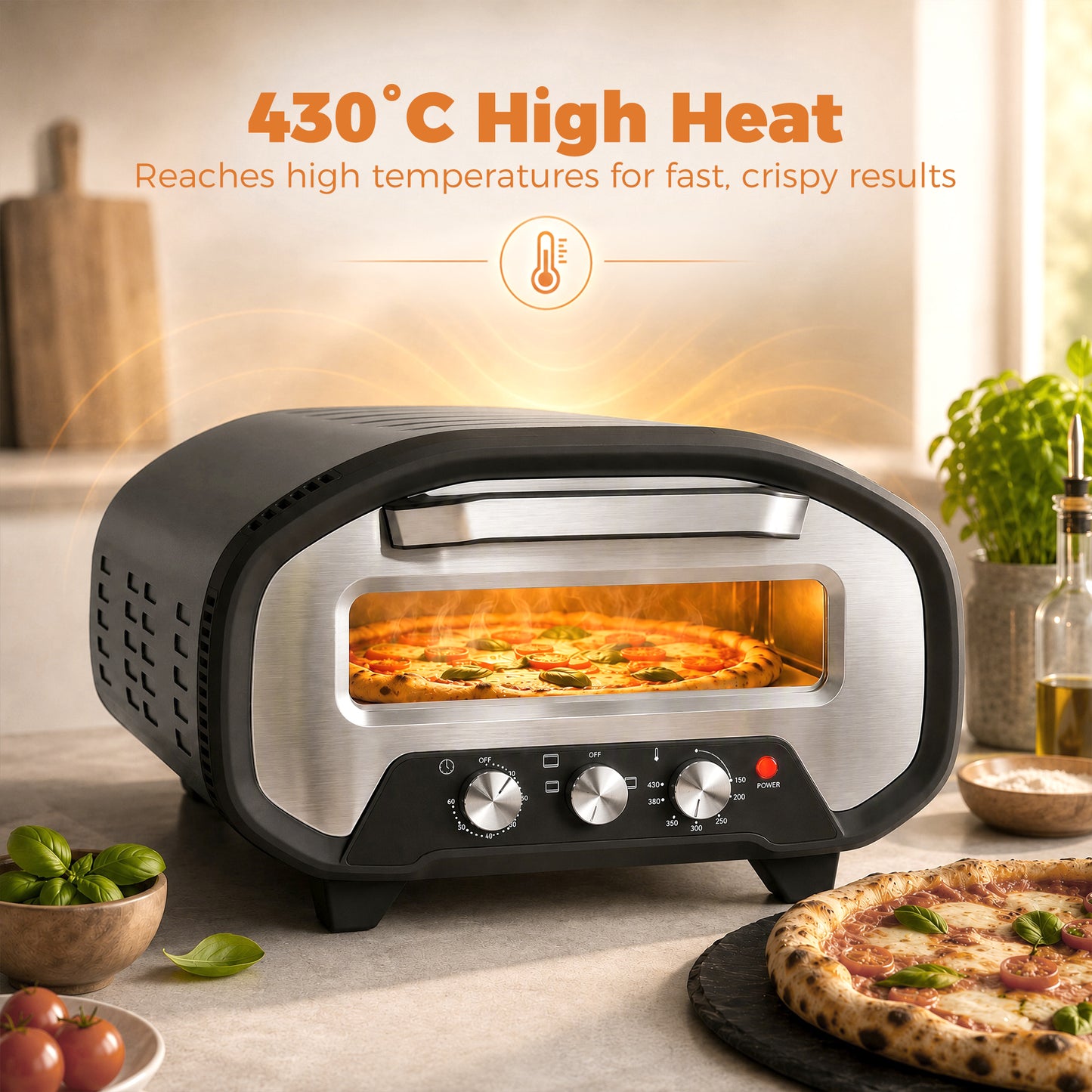 Electric Pizza Oven, Pizza Maker with 3 Knob Control and Ceramic Stone, Viewing Window, 2200W
