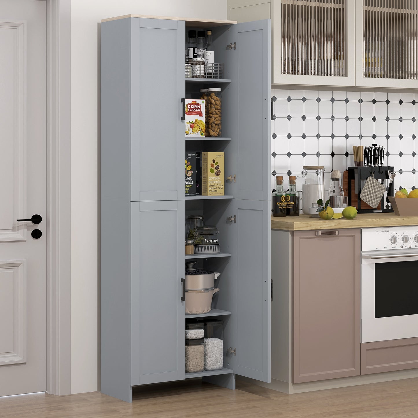 Freestanding Kitchen Cupboard, 4-Door Storage Cabinet with Adjustable Shelves, Modern Kitchen Pantry for Dining Room, 170cm