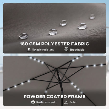 3 x 2 m Garden Parasol Umbrella with LED Solar Light, Parasol Cover, Outdoor Market Patio Umbrella, Dark Grey