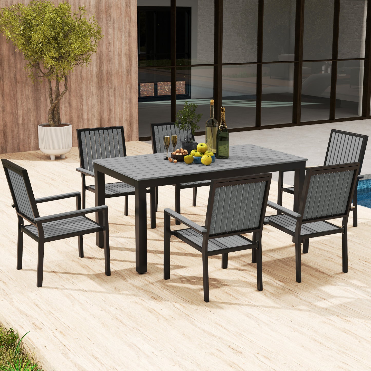6 Seater Garden Dining Set with Stackable Chairs, Aluminium Frame, Rectangular Plastic Top, Garden Furniture Set