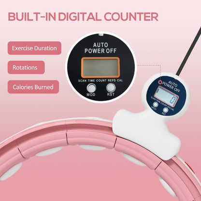 Smart Weighted Hula Hoop, Massage Hula Ring w/ 16 Detachable Knots, 360° Auto-Rotating Ball, Digital Counter, Pink