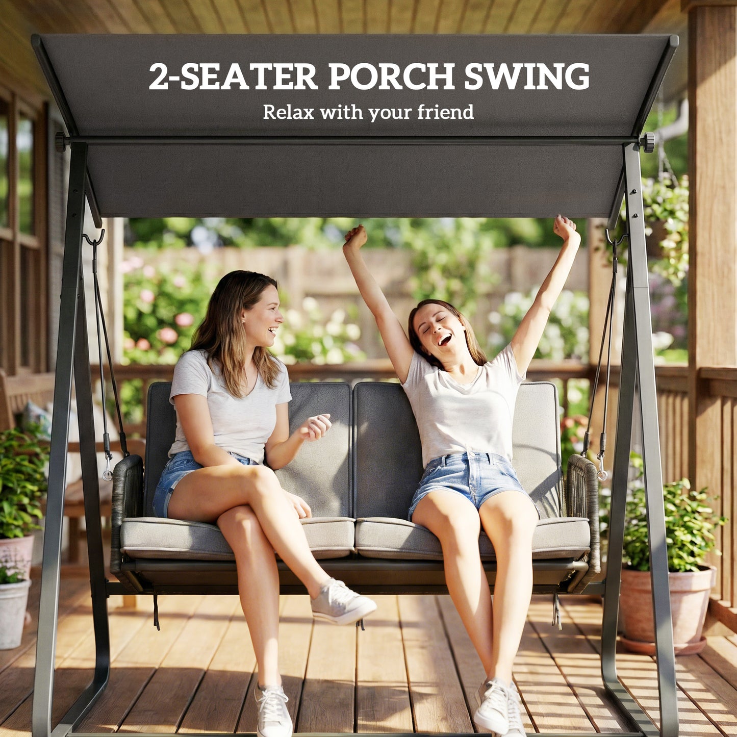 2-Seater Rattan Swing Chair, Outdoor Garden Hanging Swing Seat with Stand, Adjustable Canopy and Soft Cushions