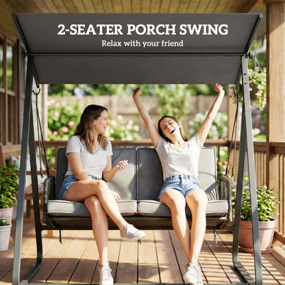 2-Seater Rattan Swing Chair, Outdoor Garden Hanging Swing Seat with Stand, Adjustable Canopy and Soft Cushions