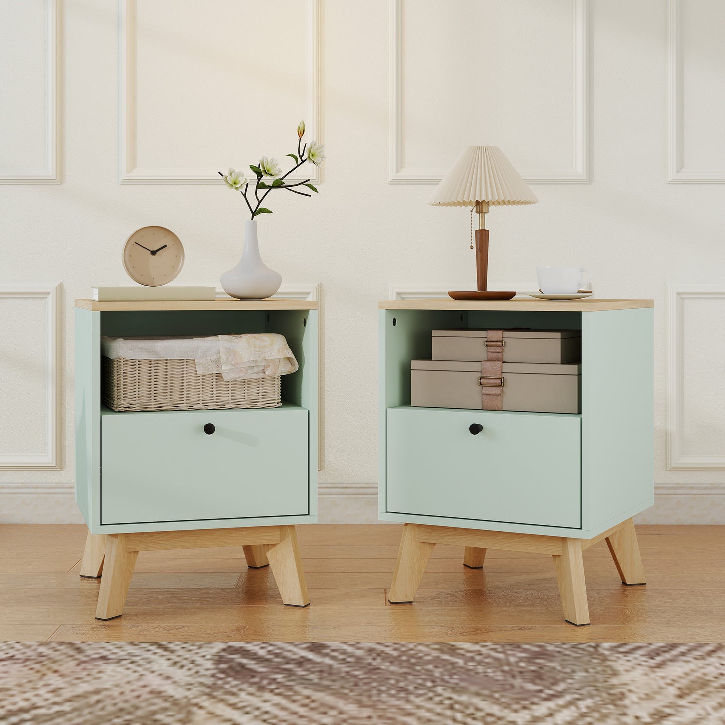 Modern Nightstand Set of 2, Bedside Table with Drawer and Open Shelf, Side End Table for Bedroom, Light Green