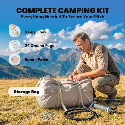 Inflatable Camping Tent, 4 Season Hot Tent 10000mm Waterproof with Chimney Opening, Sky Light and Air Pump, Khaki