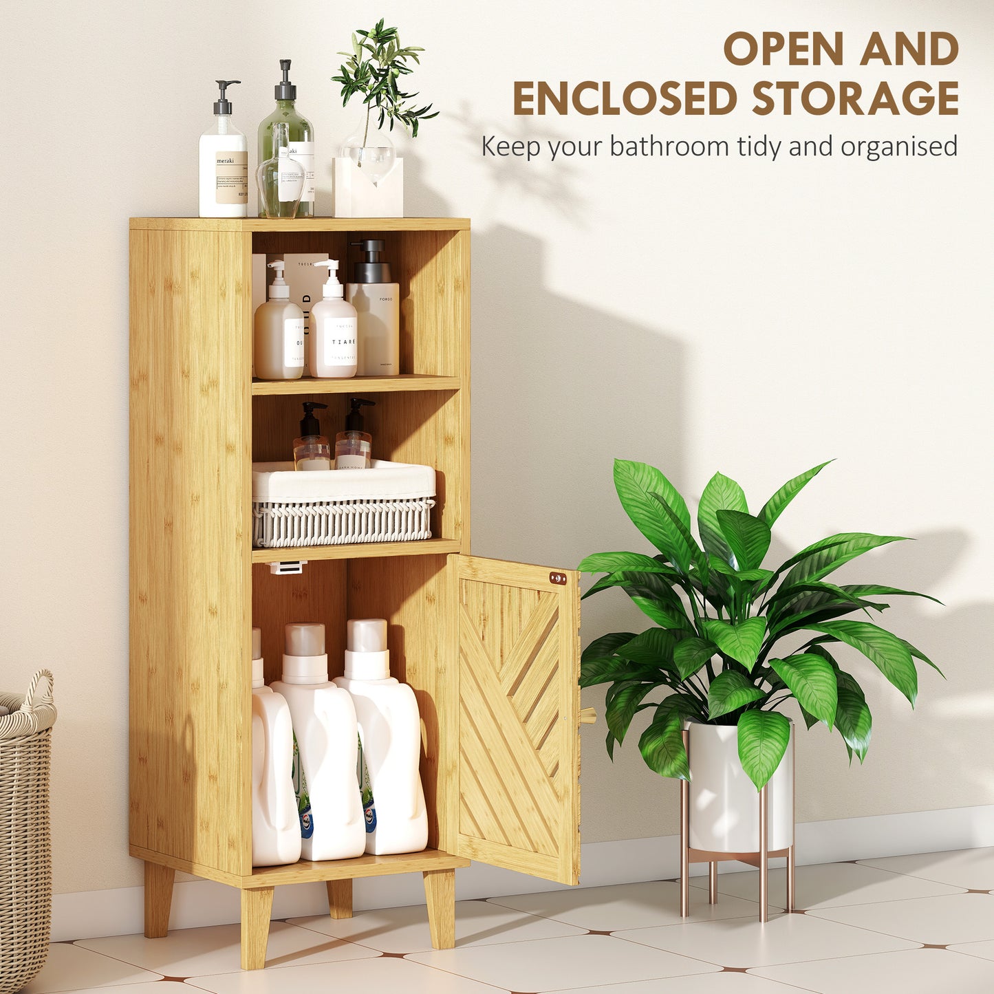 Slim Bathroom Cabinet with Bamboo Door and Legs, Narrow Bathroom Storage Cabinet