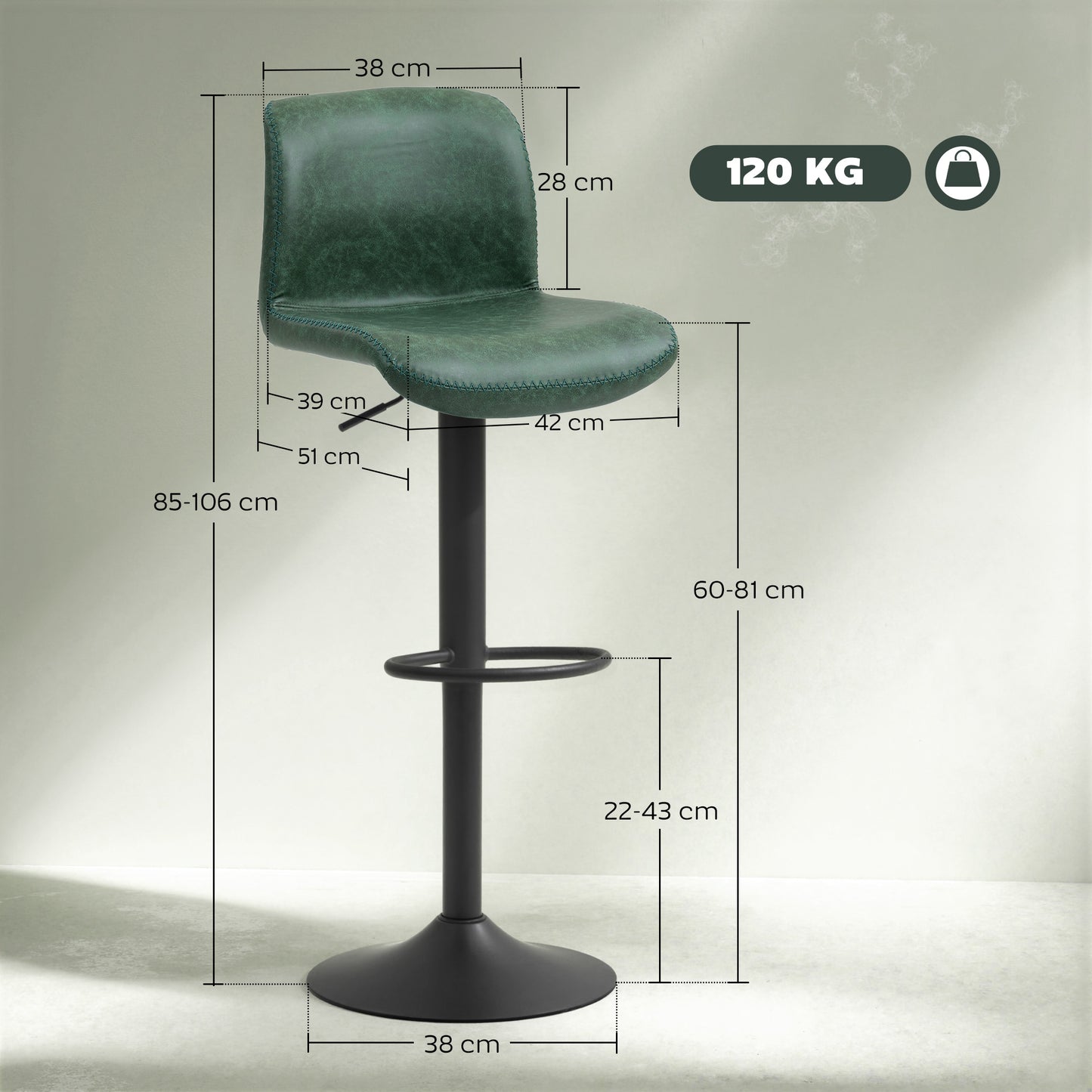 Bar Stools Set of 2, PU Leather Barstools with Backrest and Footrest for Kitchen, Counter, Breakfast Bar, Green