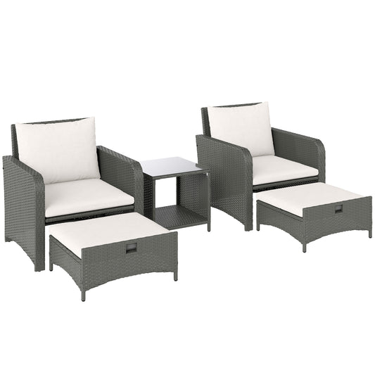 Five Piece Rattan Garden Furniture Set with 2-Tier Coffee Table and Ottomans - Cream White