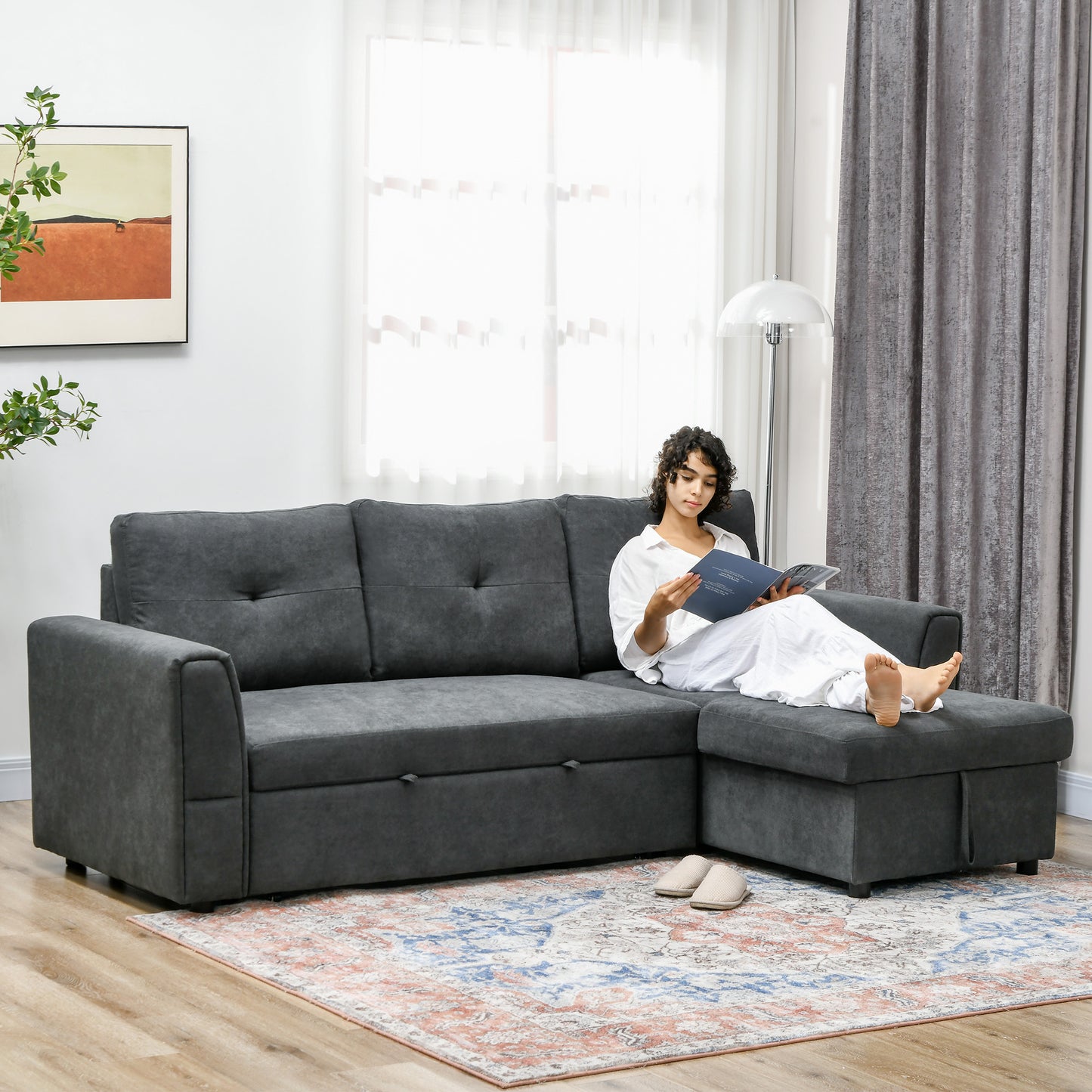 3 Seater Sofa Bed, Pull Out Sofa Bed with Storage for Living Room, Dark Grey