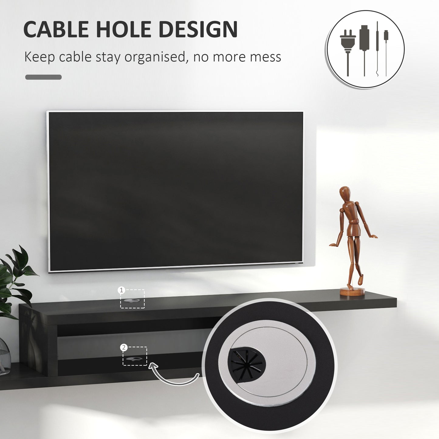 Floating TV Unit, Wall Mounted TV Stand with Open Shelf and 2 Cable Holes, Entertainment Unit for Living Room, Black